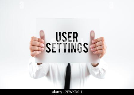 Hand writing sign User Settings, Business overview Configuration of appearance Operating System Personalized Stock Photo