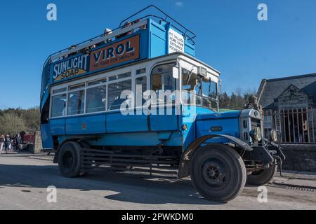 A vintage double decker bus. Pictured at Beamish Living Museum, North East England. Stock Photo
