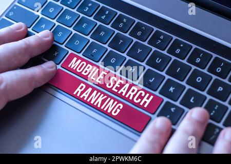 Writing displaying text Mobile Search Ranking, Concept meaning website or page is ranked within search engine results Stock Photo