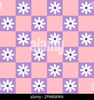 Groovy fancy daisy flower geometry pattern in 60s,70s,80s style, floral checkered background vector illustration, trendy retro ornament for surface design, textile, stationery, wrapping paper, cover Stock Vector