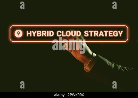 Hand writing sign Hybrid Cloud Strategy, Business approach Cloud computing setting that uses a mix of onpremises Stock Photo