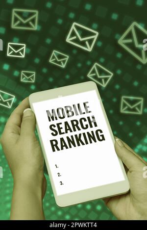 Text caption presenting Mobile Search Ranking, Business overview website or page is ranked within search engine results Stock Photo