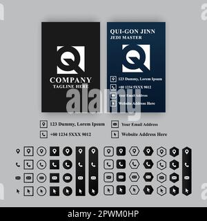 Business card design template, contact information icons set. Editable, resizable, EPS 10, vector illustration. Stock Vector