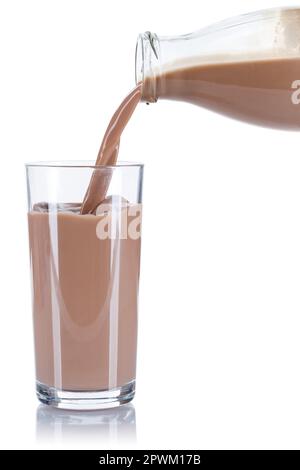 Chocolate drink milk pouring pour glass bottle isolated on a white background Stock Photo