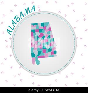 Alabama map design. Map of the us state with regions in emerald-amethyst color palette. Rounded travel to Alabama poster with us state name and airpla Stock Vector
