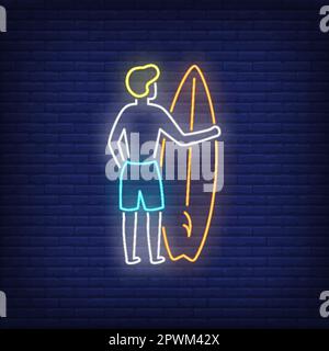 Man holding surfboard neon sign Stock Vector