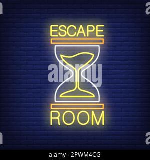 Escape room neon sign. Text and sandglass Stock Vector