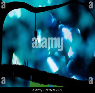 A hangmans noose tied to the branch of a tree in silhouette over a dark sky Stock Photo