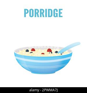 Bowl of porridge with fruits for breakfast on white background, vector illustration Stock Vector