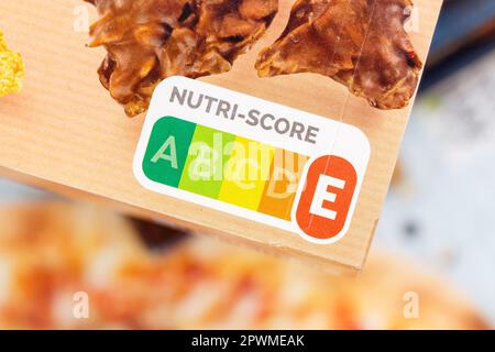 Nutri Score nutrition label symbol unhealthy eating for food Nutri-Score Stock Photo