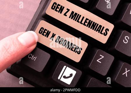 Text showing inspiration Gen Z Millennials Gen X Boomers, Business showcase Generational differences Old Young people Stock Photo