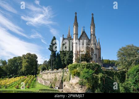 Panoramic image of Apollinaris church against blue sky, Remagen, Germany Stock Photo