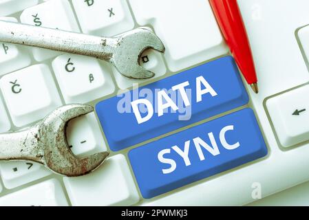 Conceptual display Data Sync, Internet Concept data that is continuously generated by different sources Stock Photo
