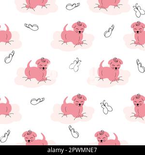 Cute puppy, clouds, stars, crown, butterflies Seamless pattern Gentle colors For newborns Stock Vector