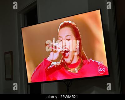 Isla Vista, California, USA. 30th Apr, 2023. Nutsa, a contestant on 2023 American Idol, from the country of Georgia, performs on ABC Live TV network, Sunday at April 30th, in vibrant red, competing for a spot in the top ten finalists. (Credit Image: © Amy Katz/ZUMA Press Wire) EDITORIAL USAGE ONLY! Not for Commercial USAGE! Stock Photo