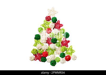 Isolated Christmas tree made from colored handmade ball decoration on colored background, view from above. New Year minimal concept . Stock Photo