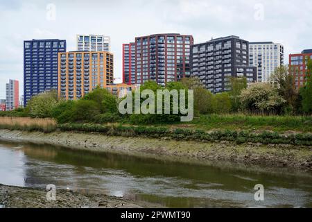 The new London City Island development, East London UK, with the River Lea and Bow Creek Ecology Park in the foreground Stock Photo