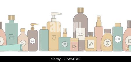 Pastel color cartoon cosmetic bottles, jars. Eco face cream tubes, cleanser, soap for bath, oil scrub, lotion facial gel vector illustrations. Stock Vector