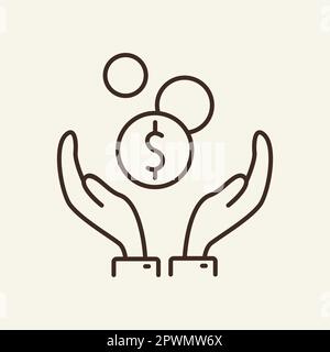 Dollar coins in hands line icon Stock Vector