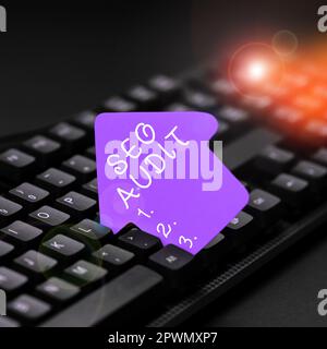 Text caption presenting Seo Audit, Business idea Search Engine Optimization validating and verifying process Stock Photo