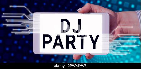 Conceptual caption Dj Party, Internet Concept person who introduces and plays recorded popular music on radio Stock Photo