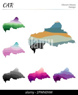 Set of vector maps of CAR. Vibrant waves design. Bright map of country in geometric smooth curves style. Multicolored CAR map for your design. Stock Vector