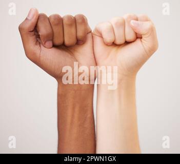 Justice, support and diversity with fist of people for change, social and equality in global protest. Human rights, freedom and community with hands o Stock Photo