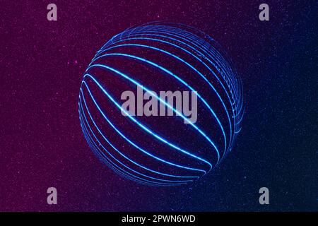 Abstract background with diagonal gradient from blue to pink sprayed with black paint and a neon blue glowing orb in the foreground. Stock Photo