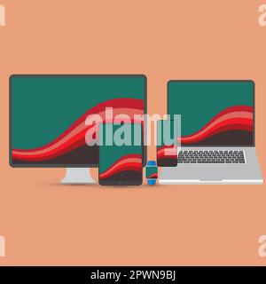 Modern device icons like computer screen, laptop, smartphone, tablet, smartwatch Stock Vector