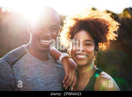 Youre only one run away from a good mood. a happy young couple out for a run together Stock Photo