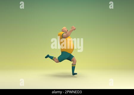 An athlete wearing a yellow shirt and green pants is runing. 3d rendering of cartoon character in acting. Stock Photo