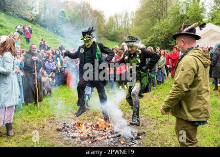 Glastonbury, UK. 1st May, 2023. Pagan Beltane Fire Ceremony and fire jumping in the Chalice Well Cress Field. Credit: Stephen Bell/Alamy Live News Stock Photo