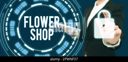 Writing displaying text Flower Shop, Business overview where cut flowers are sold with decorations for gifts Stock Photo