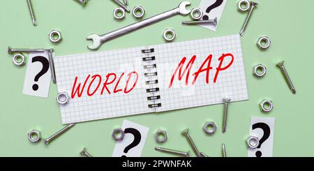Writing displaying text World Map, Word Written on a diagrammatic representation of the surface of the earth Stock Photo