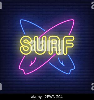 Surf neon lettering with crossed surfboards Stock Vector