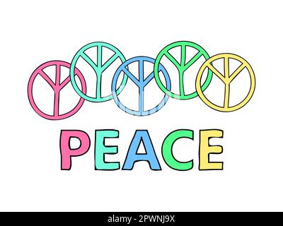 Peace symbol with text in psychedelic twisted style. Twisted peace symbol isolated on white background. Design for banners, posters and stealers. Vect Stock Vector