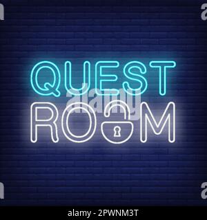 Quest room neon sign. Text with lock Stock Vector