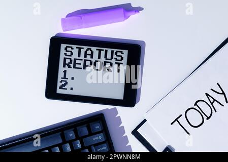 Hand writing sign Status Report, Business approach Update Summary of situations as of a period of time Stock Photo