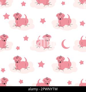 Cute puppy, clouds, stars, crown, butterflies Seamless pattern Gentle colors For newborns Stock Vector