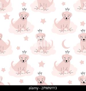 Cute puppy, clouds, stars, crown, butterflies Seamless pattern Gentle colors For newborns Stock Vector