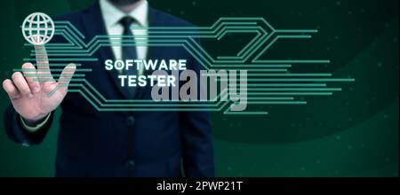 Conceptual caption Software Tester, Word Written on implemented to protect software against malicious attack Stock Photo