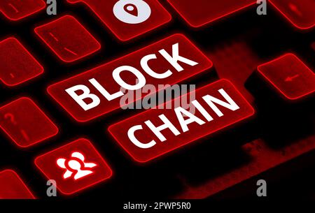 Hand writing sign Block Chain, Word Written on system in which a record of transactions made in bitcoin Stock Photo