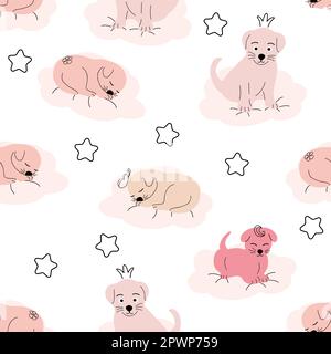 Cute sleeping puppy, clouds, stars, crown, butterflies Seamless pattern. Gentle colors For newborn Stock Vector