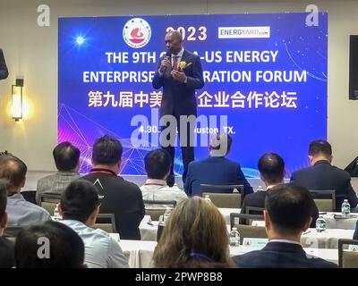 Houston, USA. 30th Apr, 2023. Houston Mayor Sylvester Turner delivers remarks at the 9th 'China-US Energy Enterprise Cooperation Forum' in Houston, Texas, the United States, on April 30, 2023. On the eve of the annual Offshore Technology Conference (OTC), more than 50 energy companies from China and the United States gathered here at a forum on Sunday to seek more cooperation opportunities as worldwide disturbances are shaking the industry. TO GO WITH 'Energy firms from China, U.S. hold forum to seek cooperation opportunities' Credit: Chengyue Lao/Xinhua/Alamy Live News Stock Photo