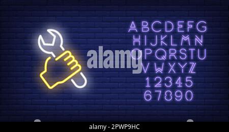 Hand with wrench neon sign Stock Vector