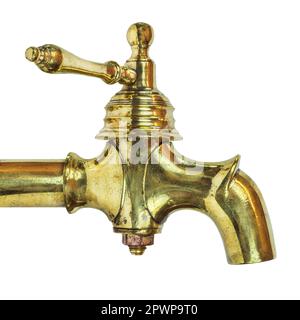 Side view of an ancient brass ornamental water tap isolated on a white background Stock Photo