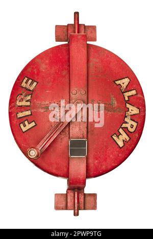 Old fire brigade manual fire alarm horn activated by spining the handle isolated on a white background Stock Photo