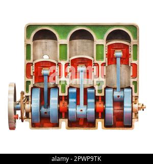 Vintage open model of a classic car engine with pistons used for education purposes Stock Photo