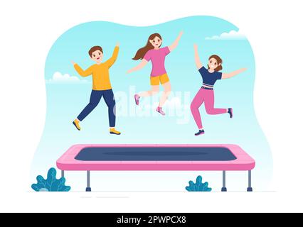 Trampoline Illustration with Youth Jumping On a Trampolines in Hand Drawn Flat Cartoon Summer Outdoor Activity Background Template Stock Photo