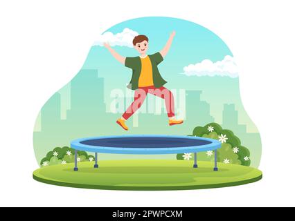 Trampoline Illustration with Youth Jumping On a Trampolines in Hand Drawn Flat Cartoon Summer Outdoor Activity Background Template Stock Photo